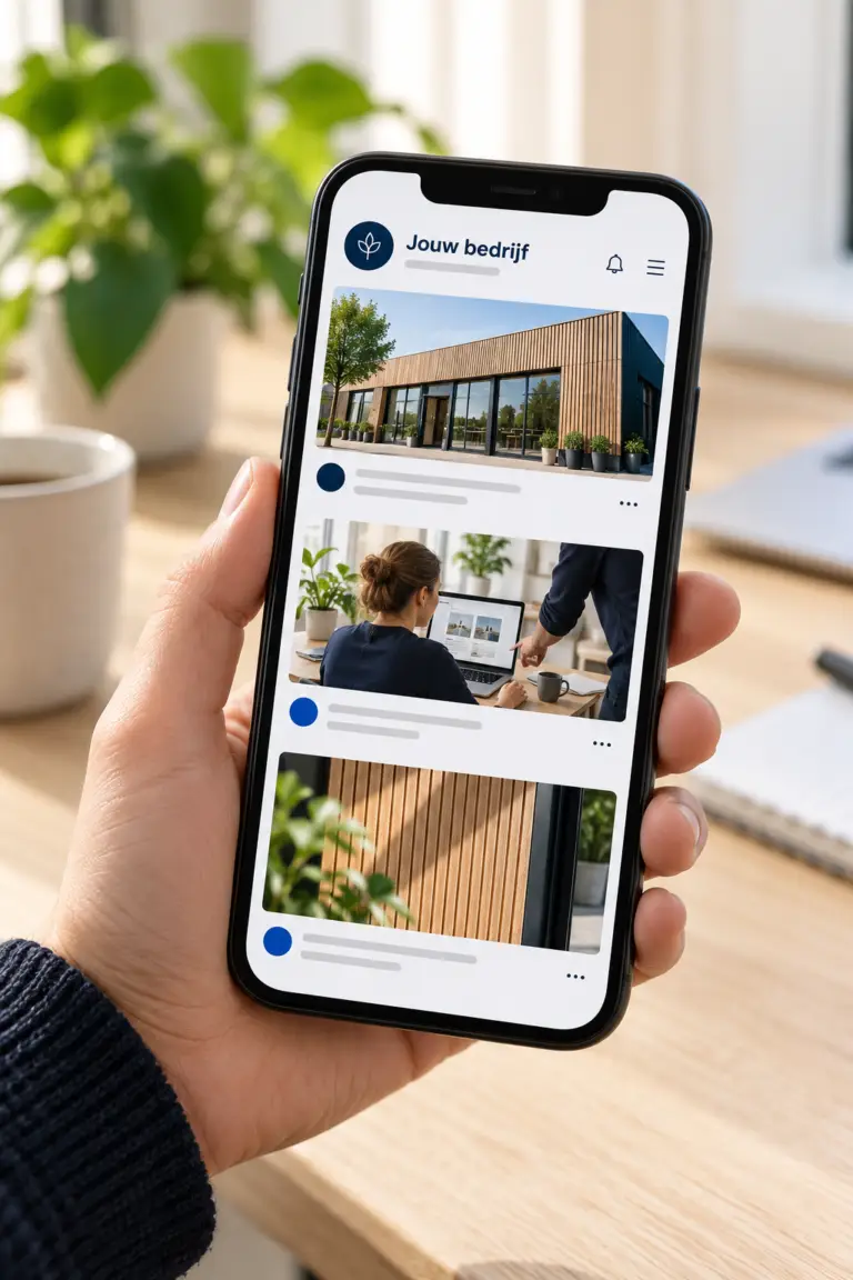 Illustratieve socialmediapresentatie van een fictief bedrijf op een telefoon.