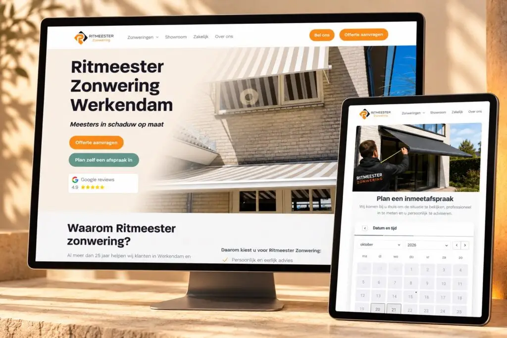 Presentatie van de website van Ritmeester Zonwering met de online afsprakenplanner op een tablet