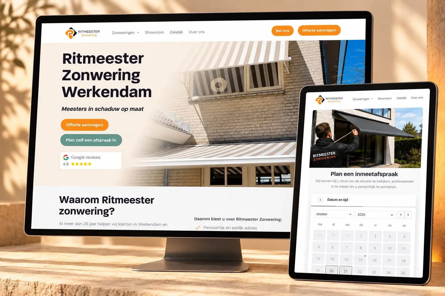 Presentatie van de website van Ritmeester Zonwering met de online afsprakenplanner op een tablet